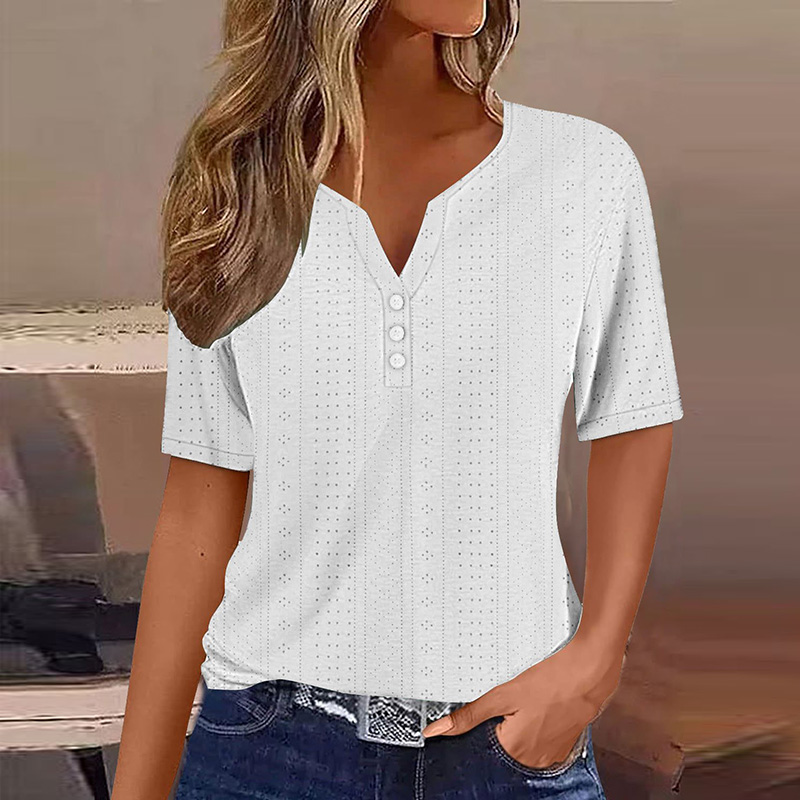 T-shirt décontracté à manches courtes et col en V pour femmes, t-shirt boutonné, t-shirts basiques d'été, pull élégant