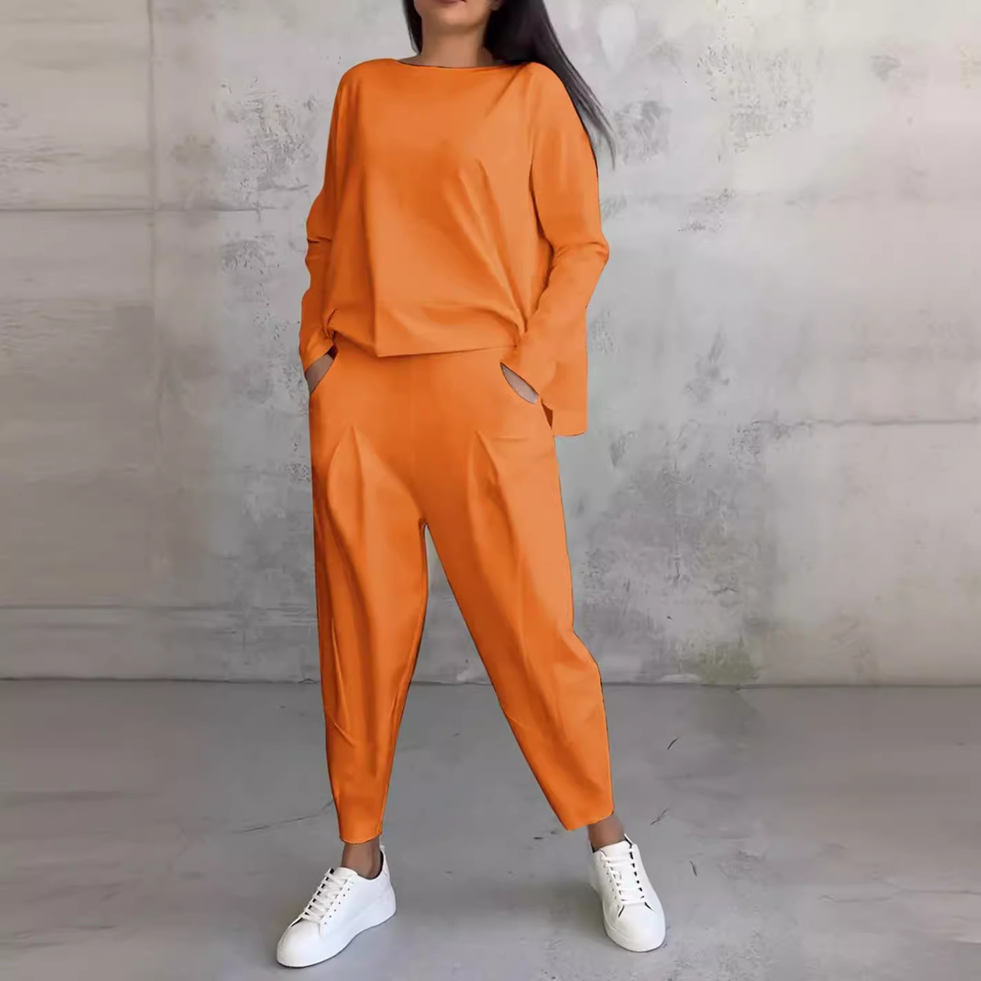 Ensemble de survêtement pour femme, 2 pièces, col rond, manches longues, t-shirt ample, pantalon uni avec poches, style décontracté