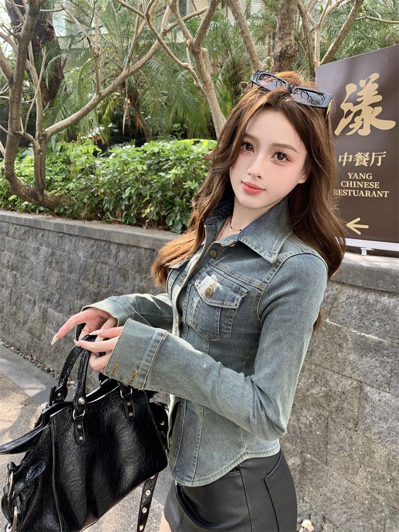 Femmes Denim Blouse Vintage nouveau printemps plein coton à lacets solide veste décontractée jean femmes Style de rue Style euro-américain