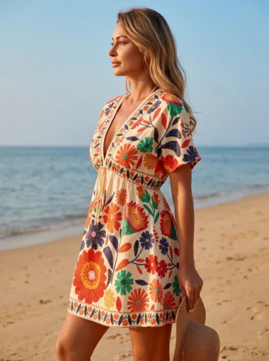 Robe de plage bohème à fleurs, col en V, manches courtes, mini-jupe, parfaite pour vos prochaines vacances