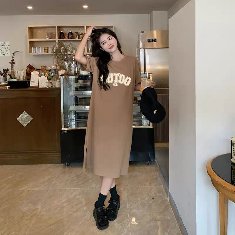 Robe ample et décontractée à manches courtes pour femmes, Version coréenne, jolie lettre imprimée, col rond, jupe mi-longue