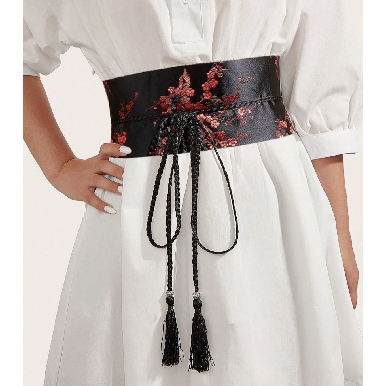Ceinture large noire brodée vintage pour femmes, style Hanfu traditionnel, ceinture en tissu à nouer, adaptée aux robes et aux tenues décontractées