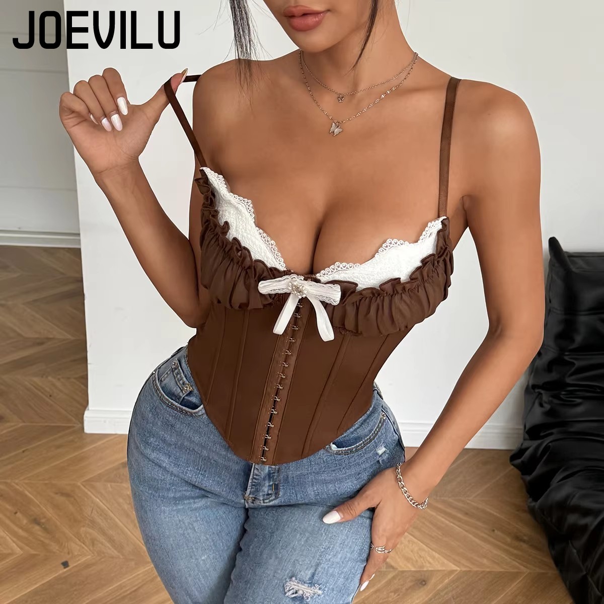 Maille Patchwork dentelle Corset femmes Sexy épaules nues dos nu Corp hauts Y2k sans manches débardeurs Streetwear Bustier Tube Push Up