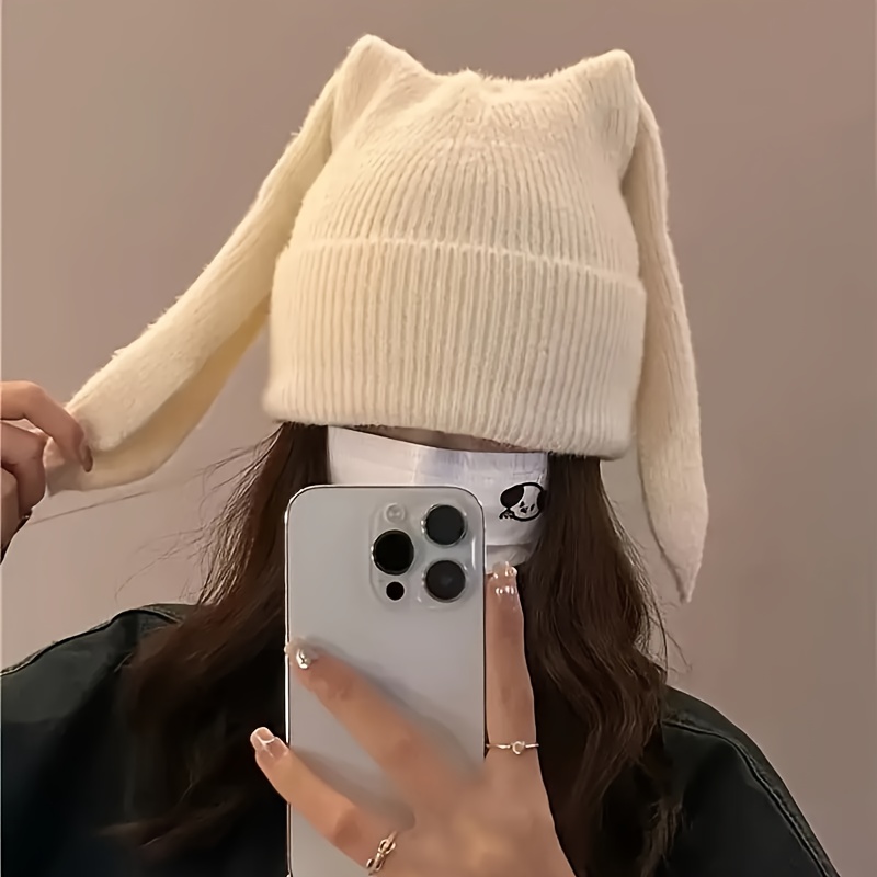 Bonnet d'hiver tricoté douillet pour femme avec oreilles de lapin 3D, doux, extensible et chaud pour le froid, cadeau mignon pour elle