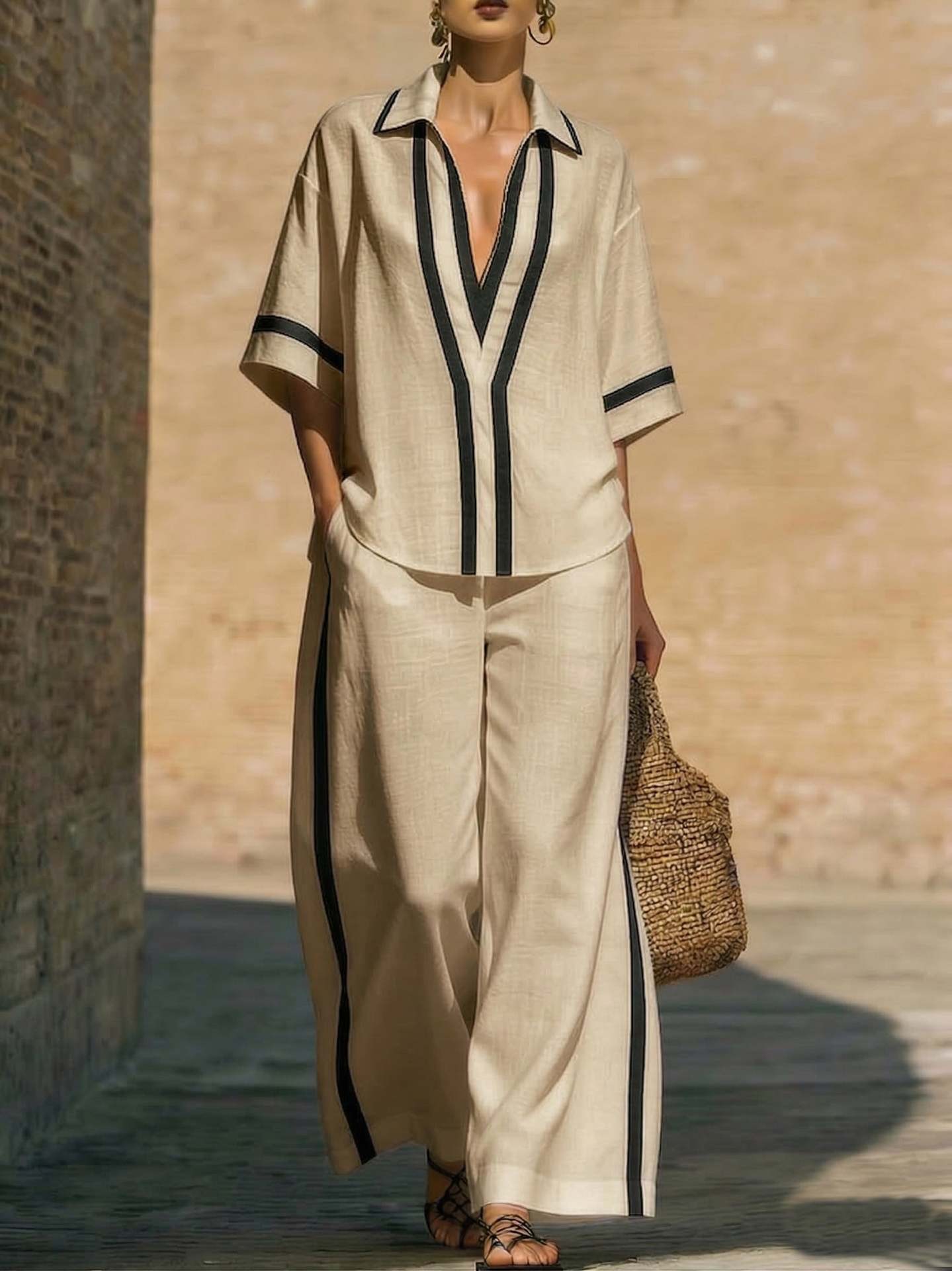 Ensemble deux pièces décontracté pour femme : chemise ample et pantalon taille haute à jambes larges – Soldes 2026 – Vêtements pour femme – Conjuntos Mujer