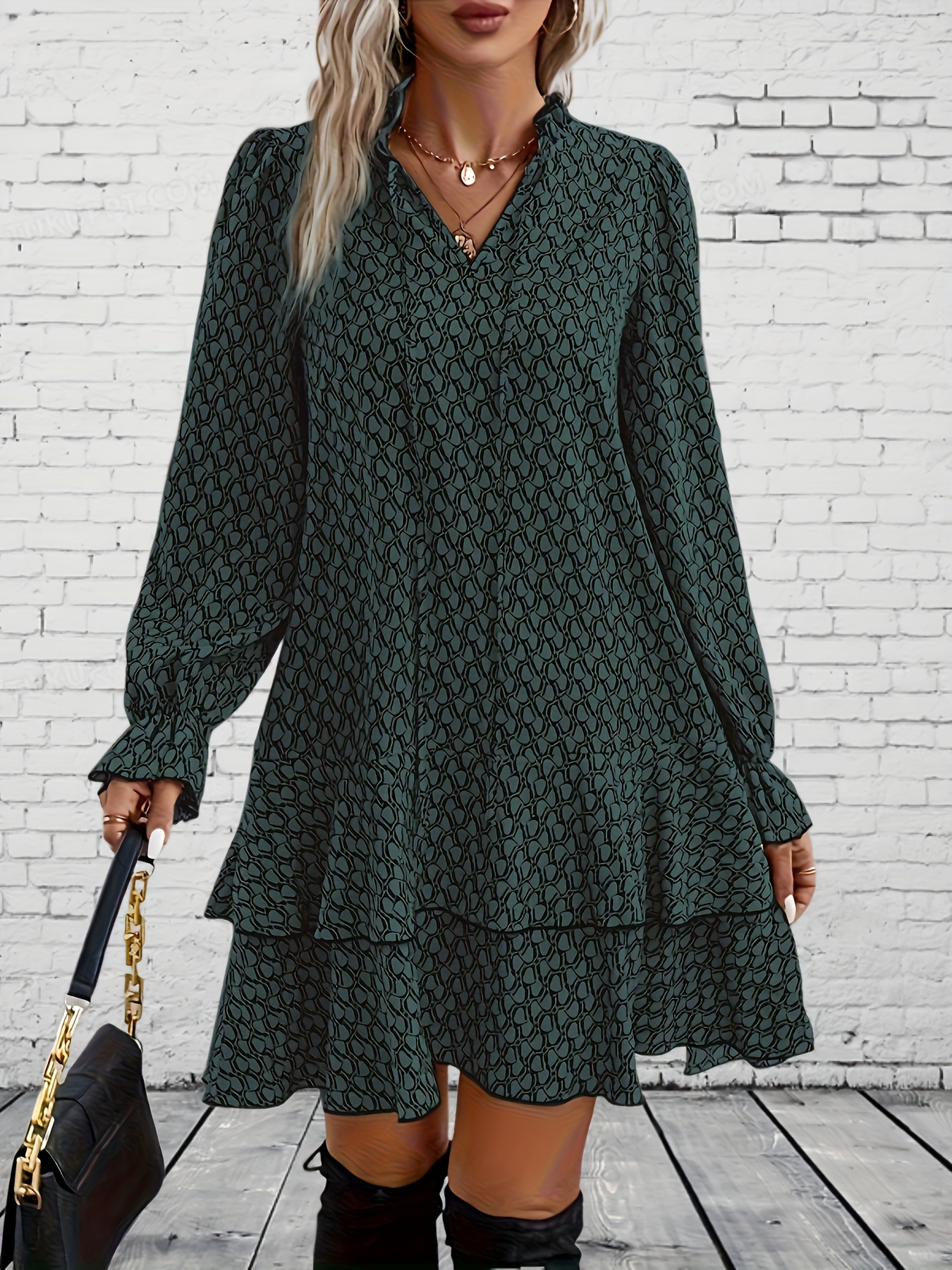 Grande taille 1XL-5XL femmes mode robe imprimée col en v décontracté à manches longues fête manches évasées à volants robe ample
