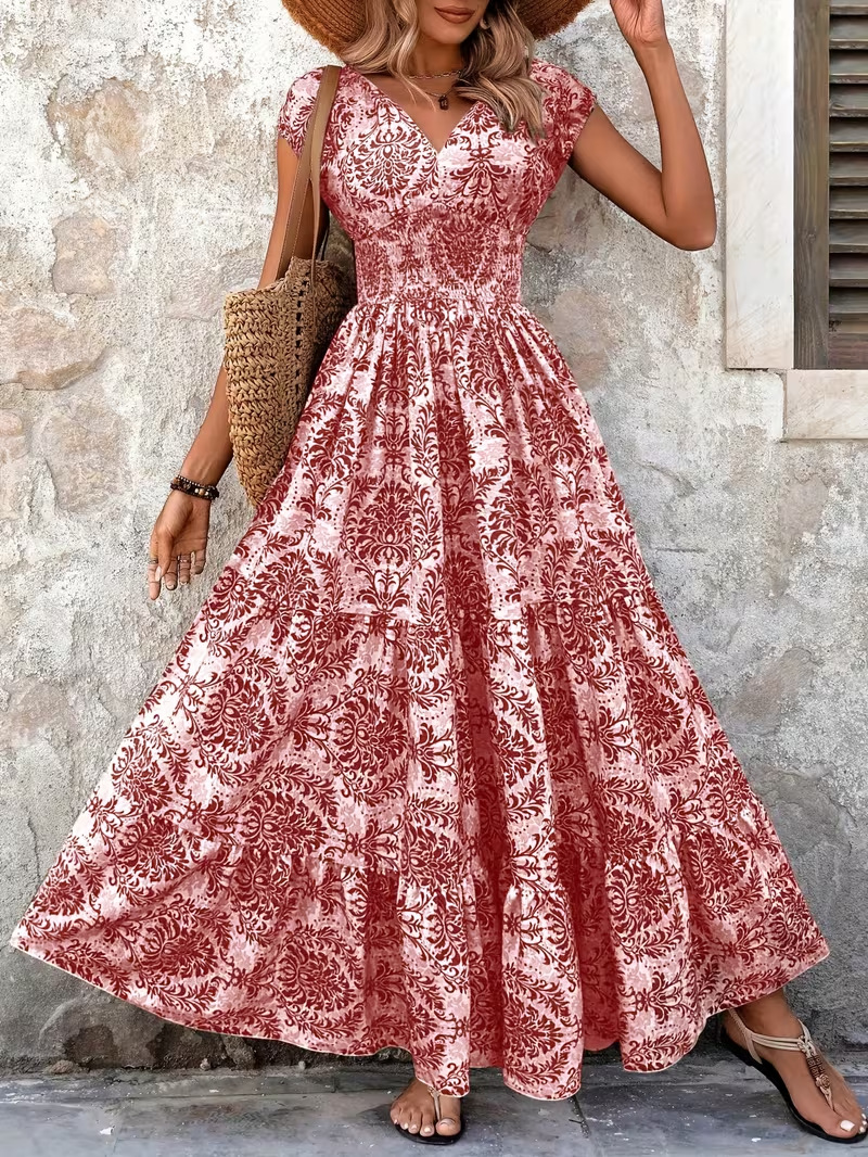 Nouvelle Robe Longue Imprimée Col V Taille Cintrée Style Européen et Américain Été 2026