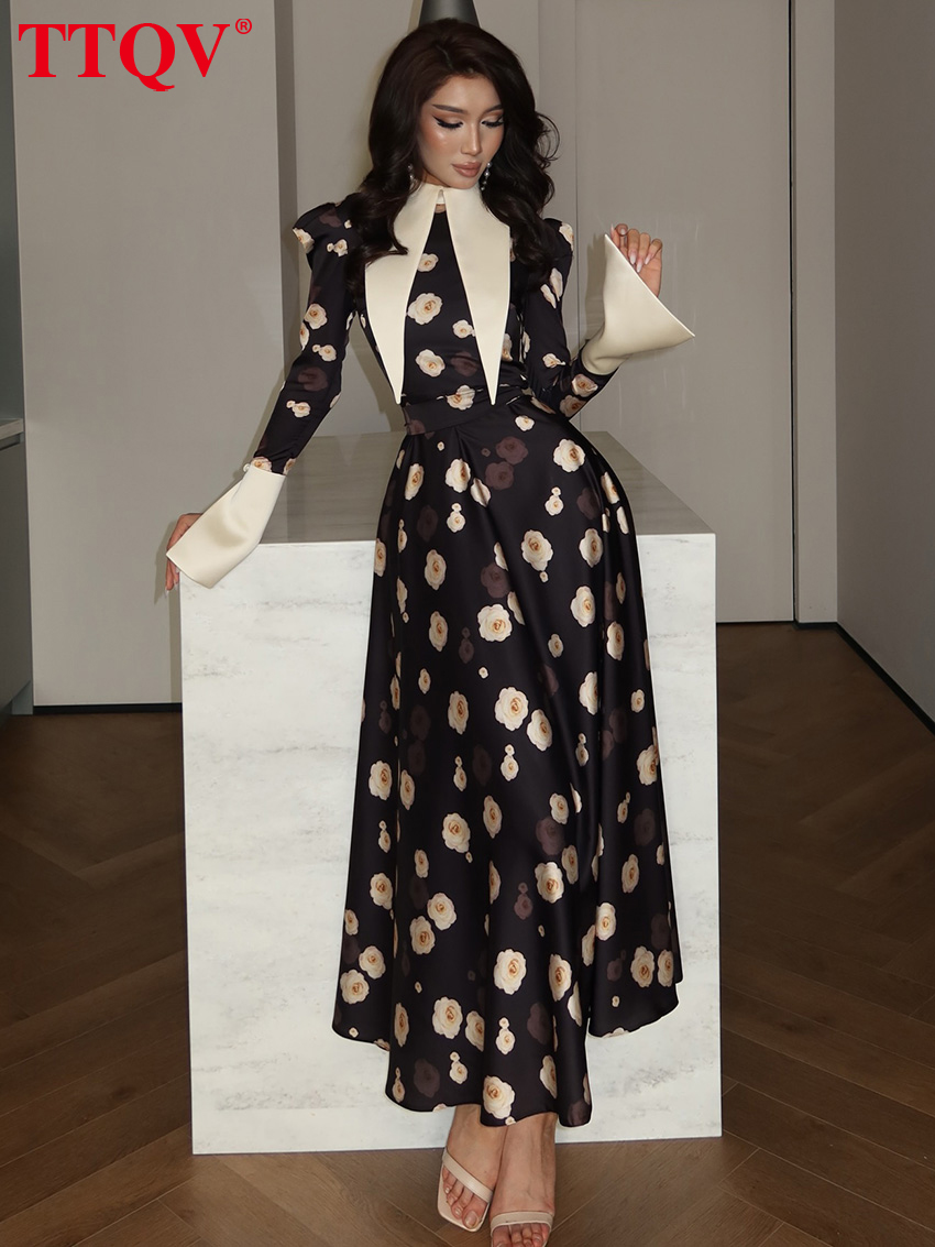 Robe Femme TTQV Tendance Imprimée Coupe Slim 2026 Automne Col Revers Manches Longues Longueur Cheville Élégante Classique Taille Haute