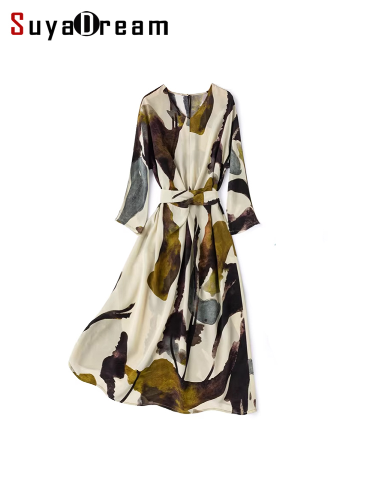 SuyaDream, robes imprimées pour femmes, 100% soie véritable, col en V, ceintures, robe mi-longue élégante, vêtements printemps-été 2026