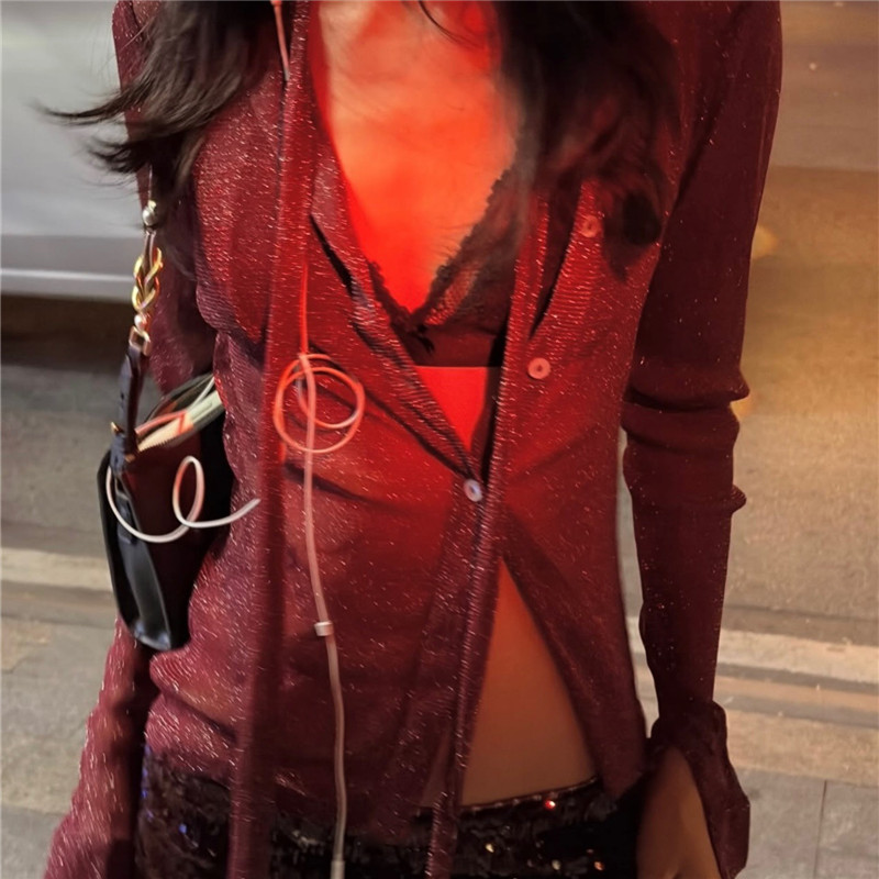 Chemisier transparent sexy à manches longues pour femme avec collier ras-du-cou, style Y2K Coquette, chemise boutonnée transparente à paillettes, streetwear, crop top de soirée
