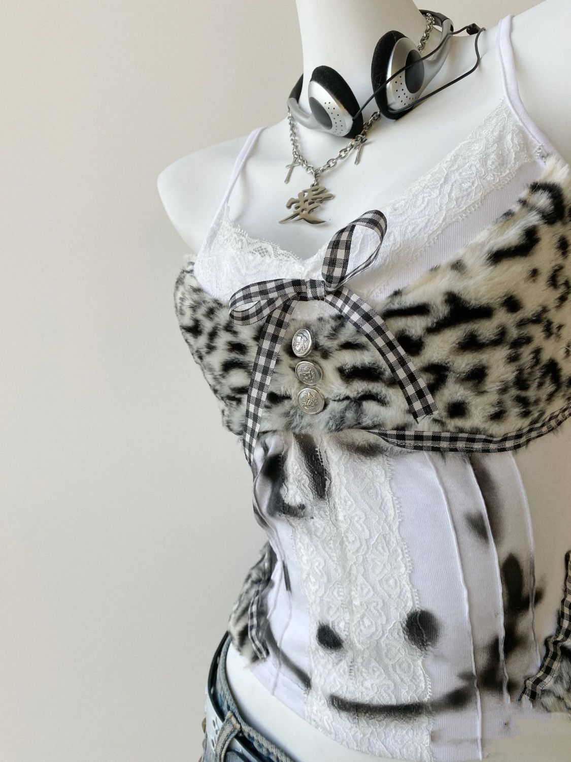 Débardeur léopard Patchwork pour femmes, garniture en dentelle, Camisole sans manches avec détail de nœud, esthétique Grunge, Sexy, Streetwear, gilet 2025