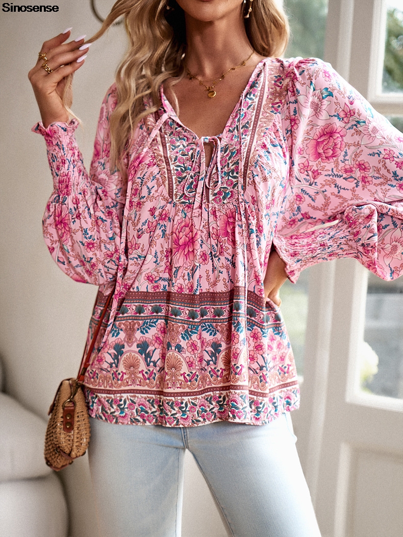 Femmes Vintage imprimé fleuri Boho Blouse Sexy col en V à manches longues hauts décontracté Date travail fête été plage Blouses amples chemises