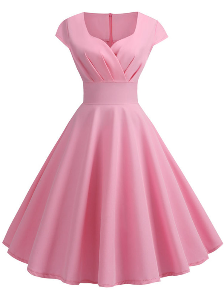 Robe d'été rose pour femmes, col en V, Vintage, élégante, rétro, pin up, fête, bureau, robes mi-longues