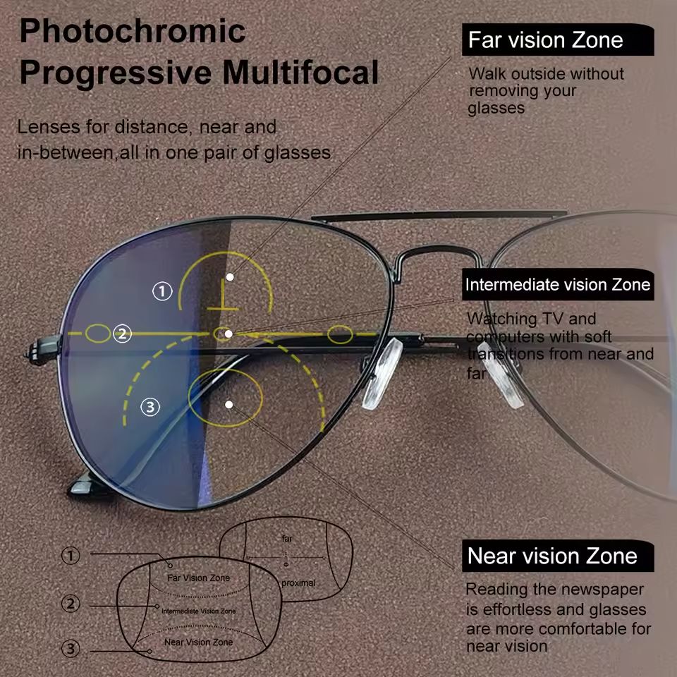 Lunettes de lecture multifocales photochromiques de style décontracté pour hommes, monture plaquée métal, verres anti-lumière bleue de qualité supérieure