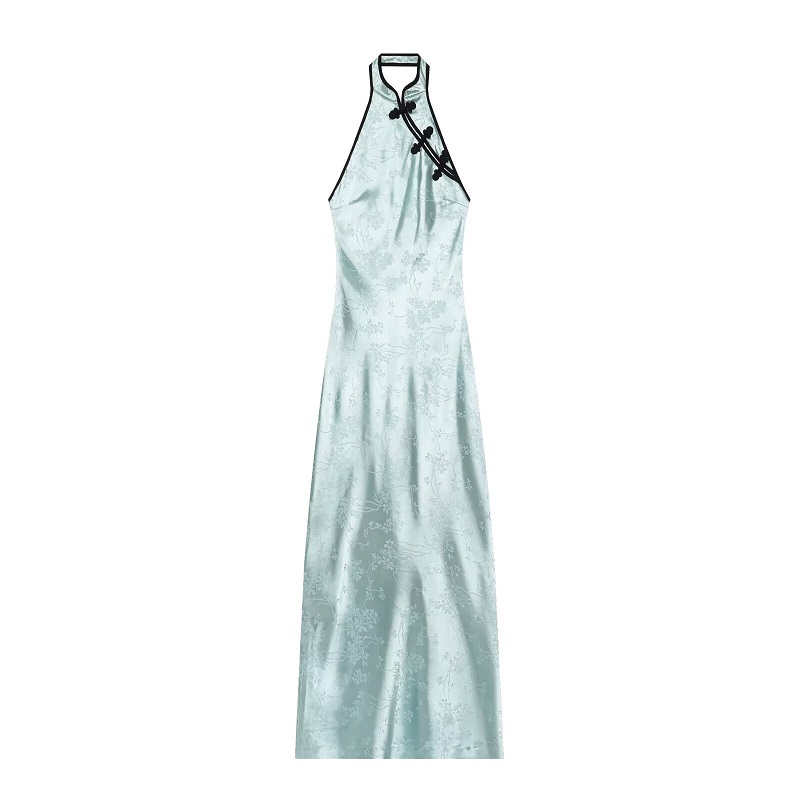 Robe longue jacquard dos nu pour femme, style halter, avec nœud chinois, idéale pour les soirées d'été
