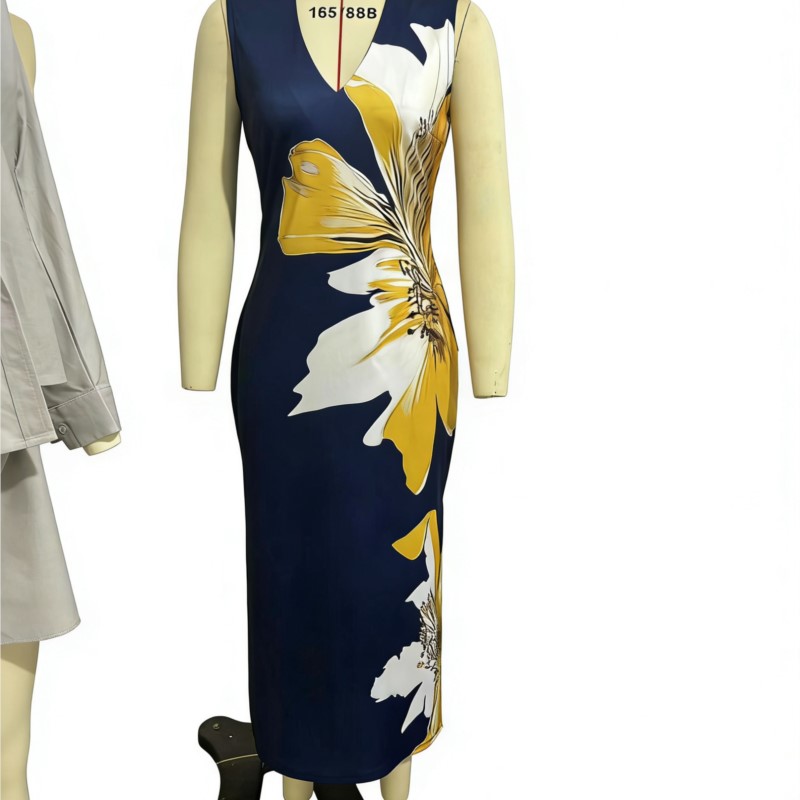Robe imprimée Sexy à col en v pour femmes, sans manches, Maxi, printemps été, vacances, 2025