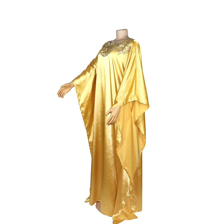 MCK-Robe africaine longue en satin, broderie de fleurs dorées, diamant, Abaya, haute qualité