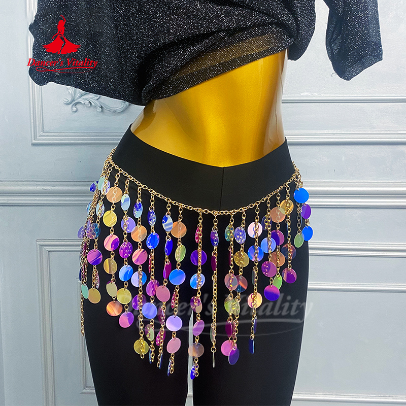 Ceinture de Performance de danse du ventre, paillettes colorées avancées, chaîne de taille à franges, accessoires de pratique de danse orientale pour adultes et enfants