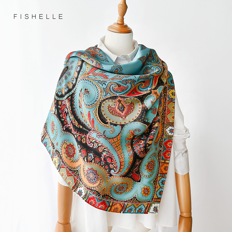 Écharpe en soie satinée naturelle bleu paon 110 cm, grand bandana carré imprimé, 100% soie pure, écharpe de luxe pour femme, cadeau pour dame.