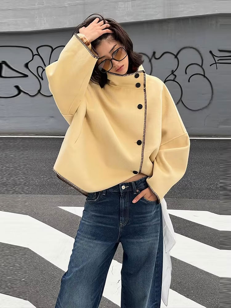 HH automne femmes mode contraste manteaux ample décontracté surdimensionné vestes col roulé à manches longues veste haute rue dame vêtements d'extérieur