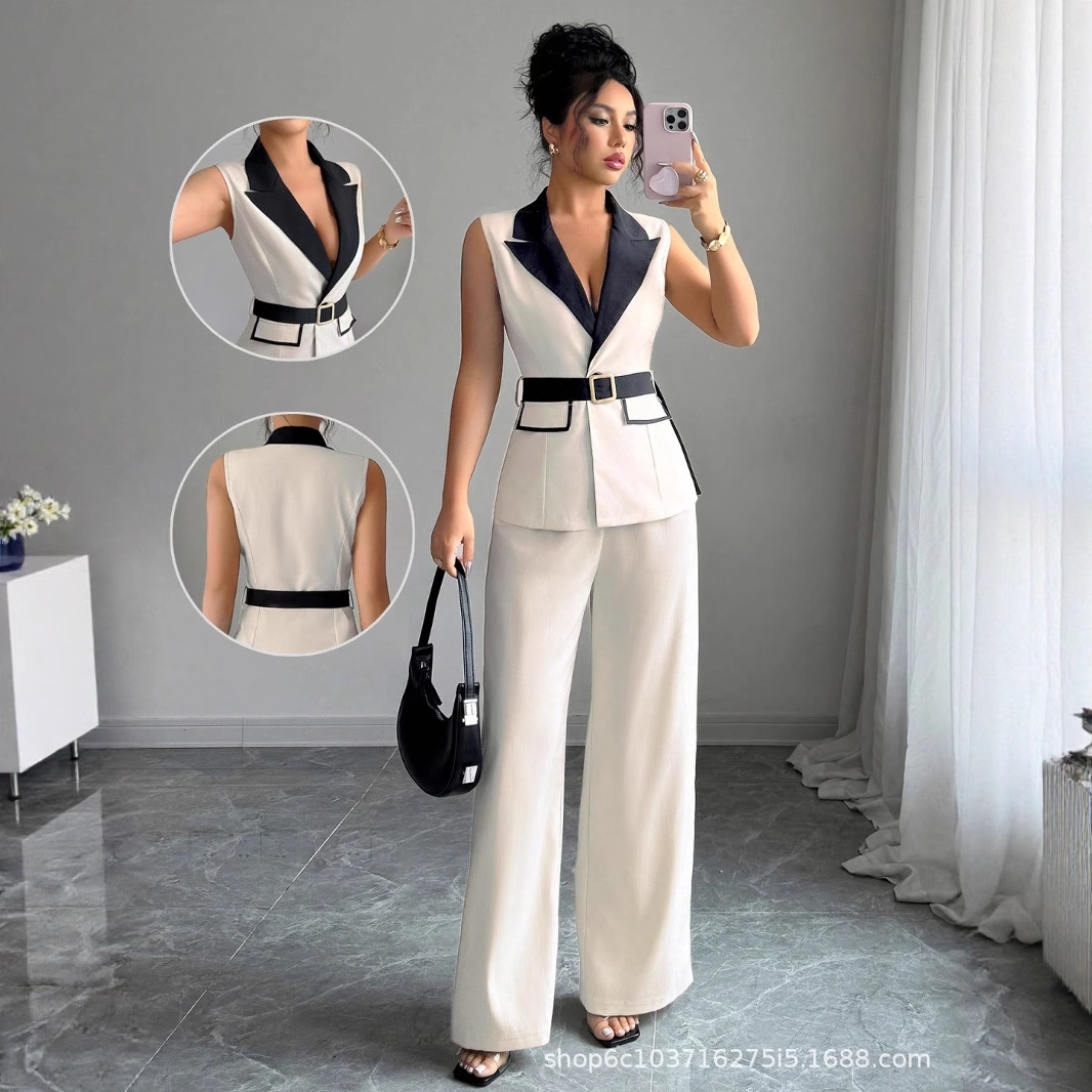 Gilet costume femmes jambe large pantalon gilet 2 pièces ensembles sans manches veste ceinture taille serrée tenues pantalon bureau dame Ensemble