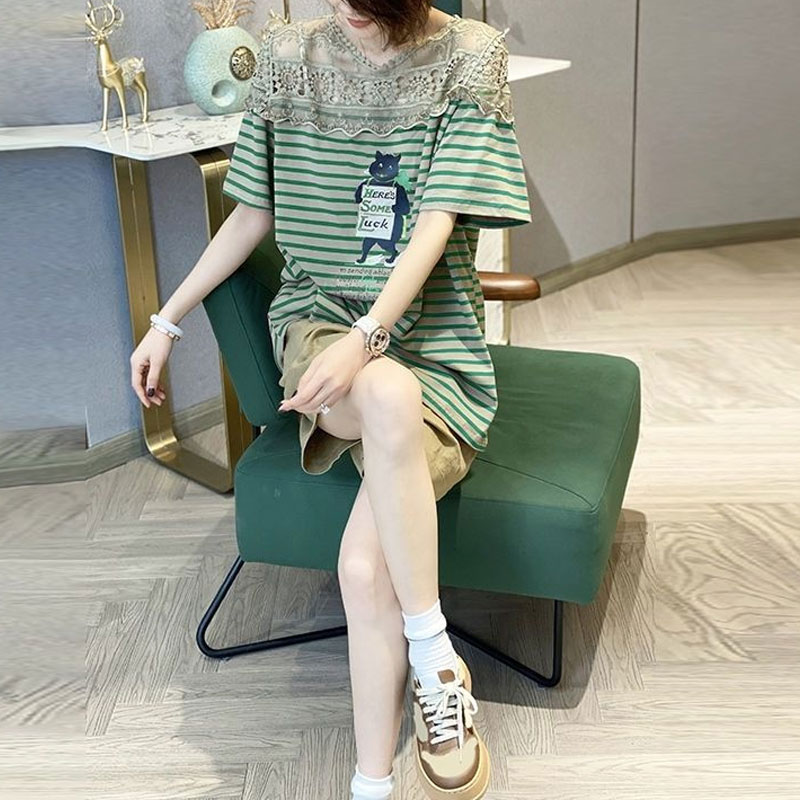 T-shirt à manches courtes en dentelle évidée pour femmes, pulls épissés, vêtements décontractés, t-shirt imprimé rayé, coréen, été, 2023
