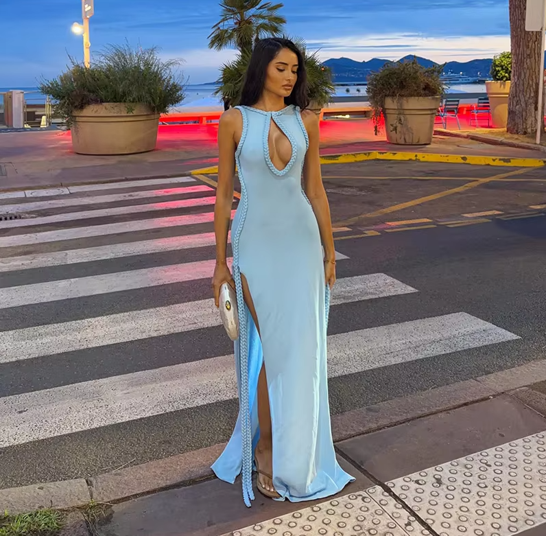 Robe longue élégante pour femme avec fente haute, bordure tressée, sans manches, dos nu, décolleté en clé, couleur unie, robe d'été sexy et tendance
