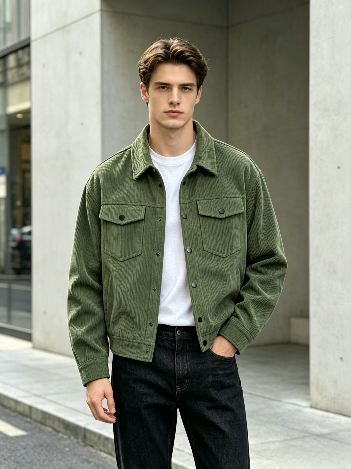 Veste en velours côtelé vintage pour homme, coupe décontractée, style camionneur, col rabattu, fermeture boutonnée, veste de travail avec poches sur la poitrine, printemps A