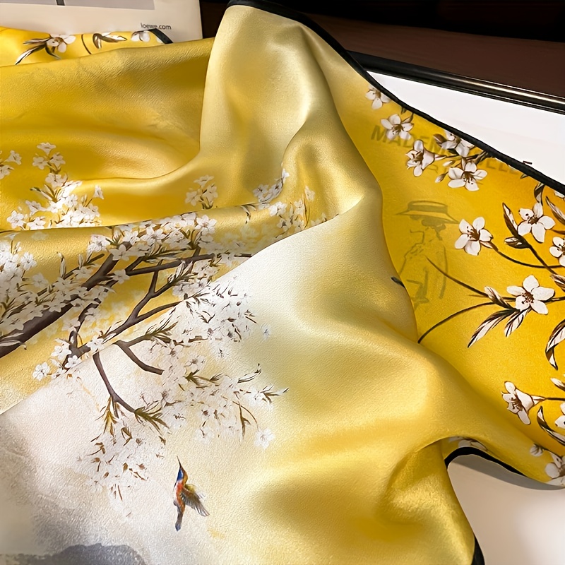 Écharpe carrée à imprimé Floral jaune de 27,56 pouces, avec bordure noire, accessoire élégant pour femmes, accessoire de mode, écharpe de cou