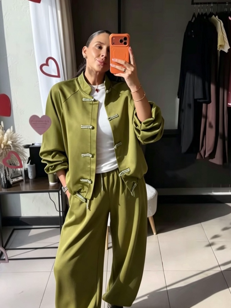 Ensembles décontractés manteau et pantalon pour femme, coupe ample, manches longues, simple boutonnage, taille élastique avec nœud, nouvelle collection printemps 2026, ensemble uni pour femme