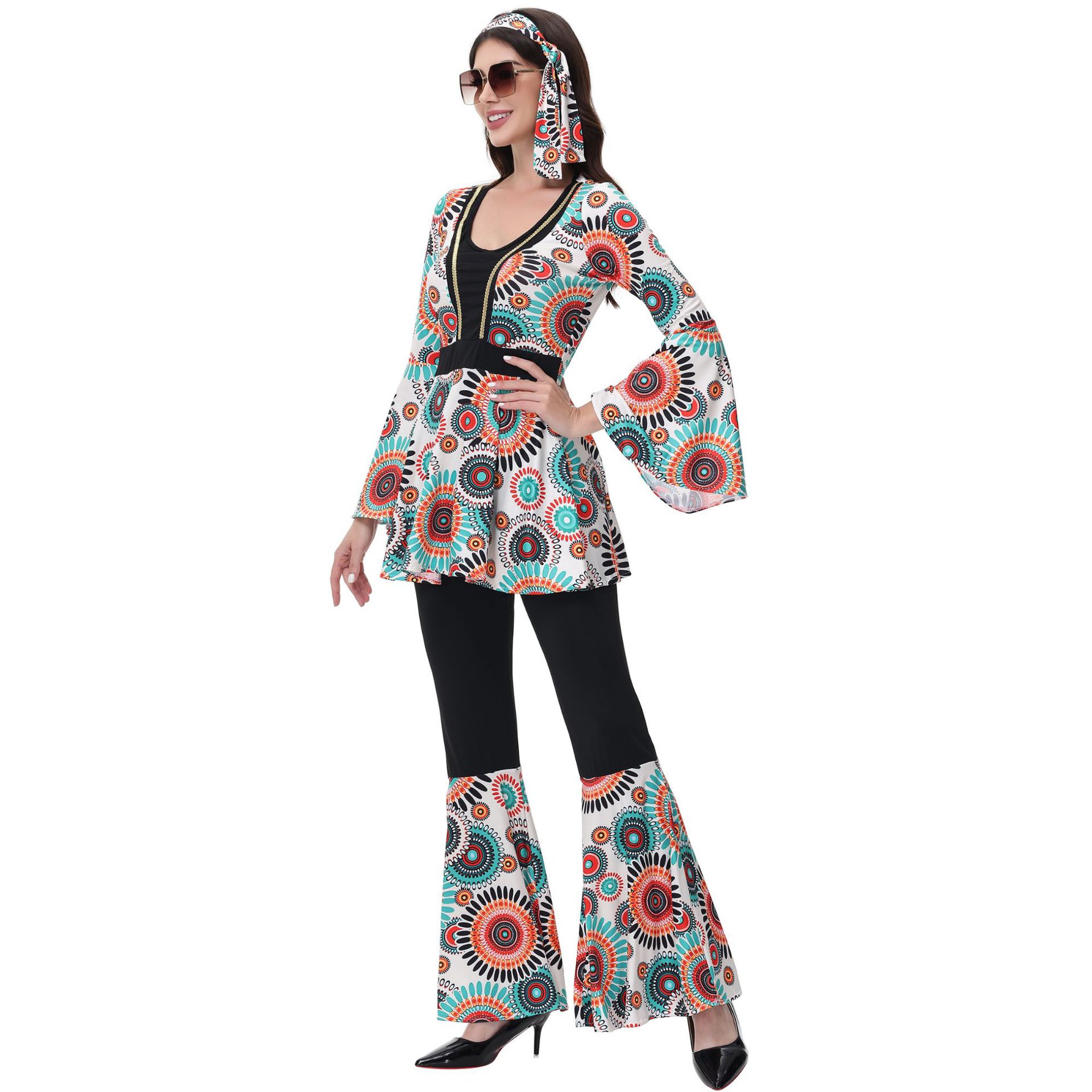 Costume hippie rétro des années 70 et 80 pour hommes et femmes, tenue de fête disco pour couples, déguisement hippie pour adultes, tenue de fête d'Halloween et de carnaval