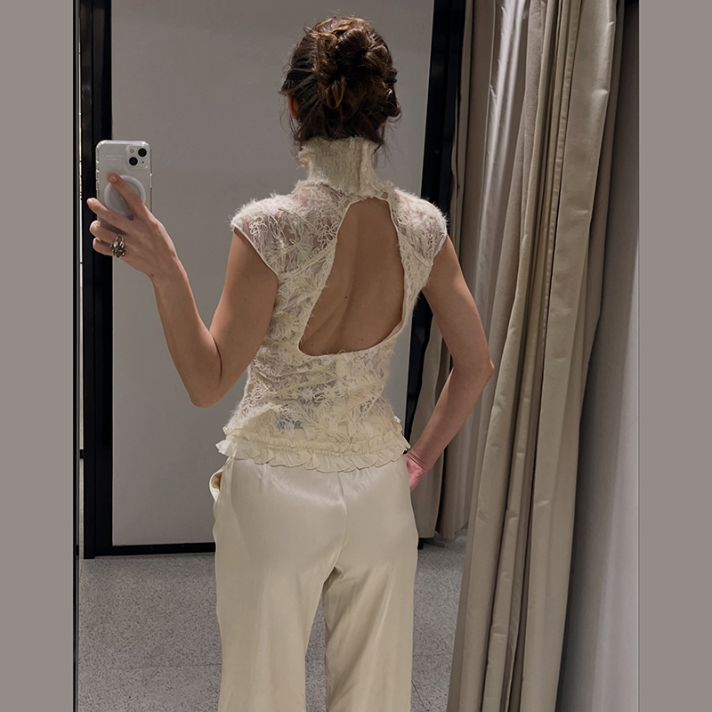Chemisier Femme Chic Vintage à Col Montant, Sans Manches, en Dentelle, avec Découpes au Dos et Ourlet à Volants, Coupe Ajustée, Idéal pour Soirées et Vacances