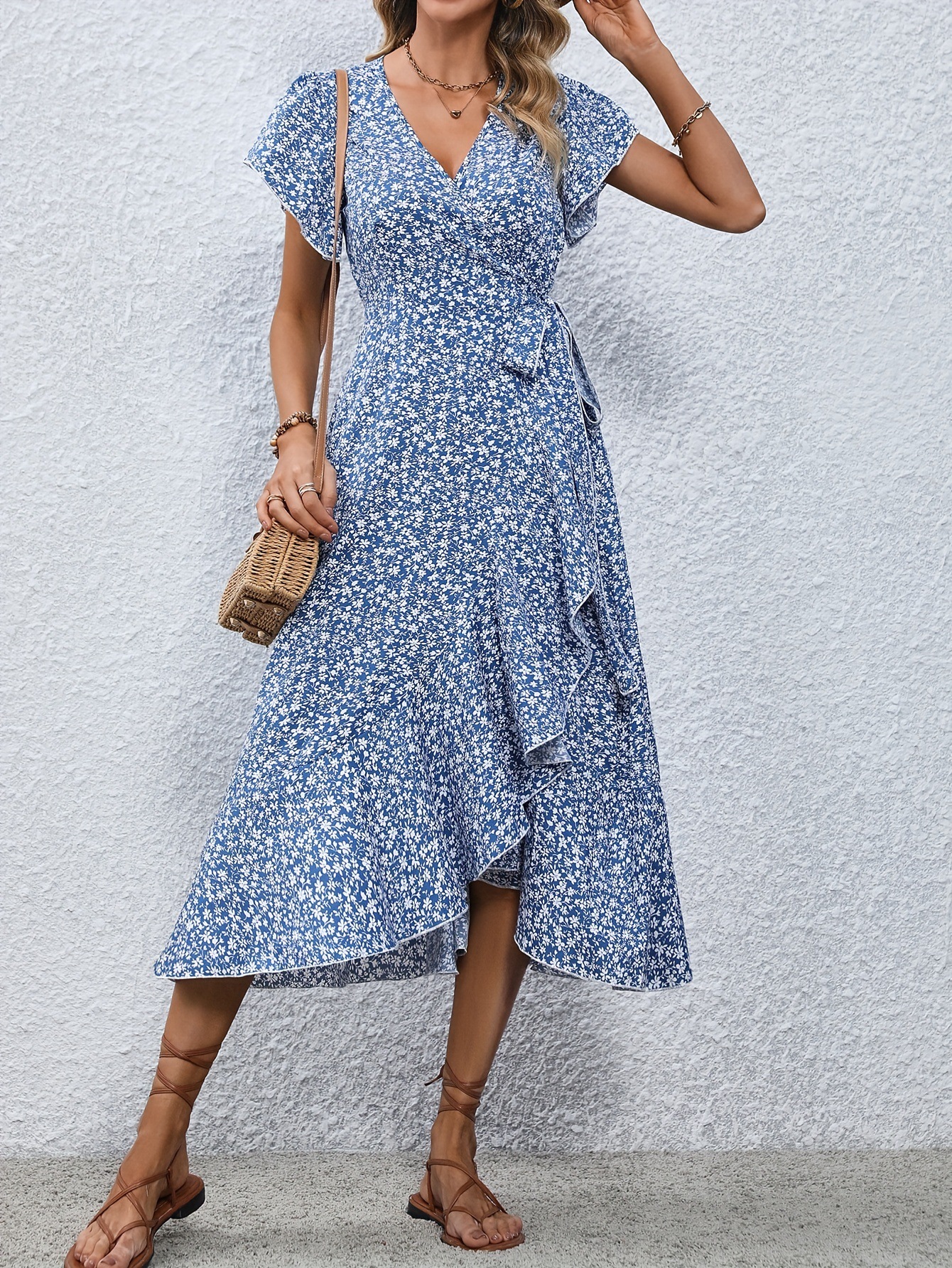 Robes d'été pour femmes, Sexy, col en V, manches courtes, taille haute irrégulière, à lacets, imprimé floral, robes de plage décontractées