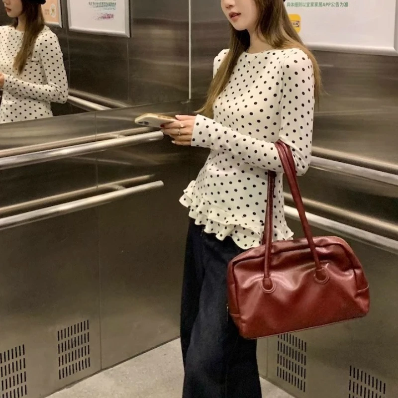 Style coréen nouveau T-Shirt à manches longues à volants pour femmes à pois mince intérieur haut chemises douces femmes vêtements mилы© топ