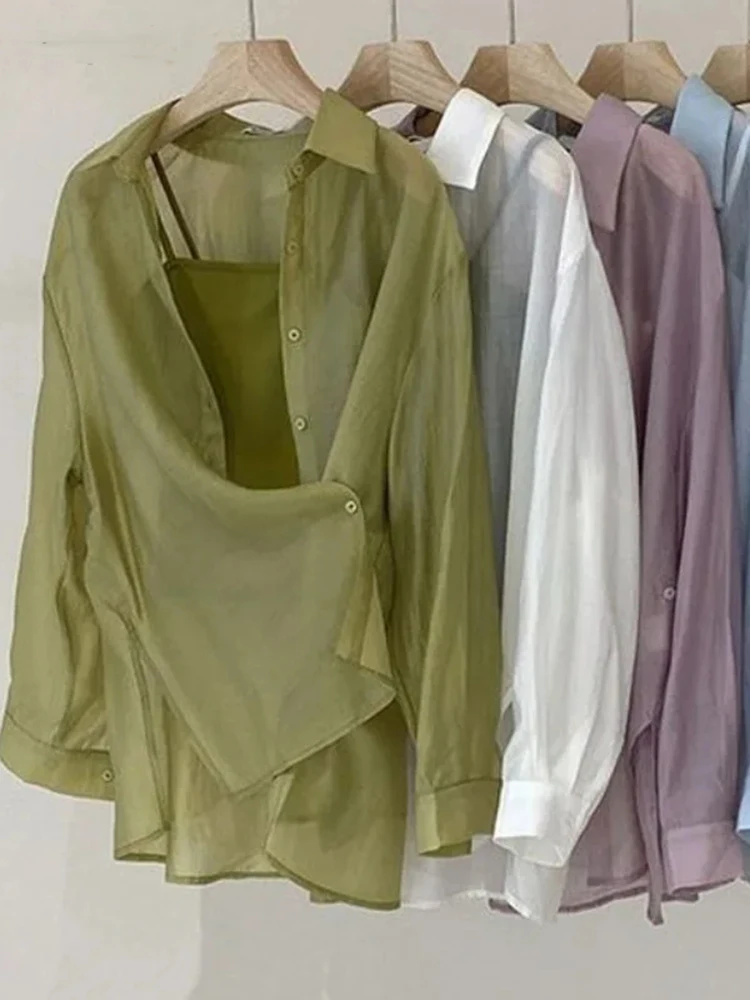 Chemise en maille pour femmes, vêtements d'été fins, manches longues, ample, Chic coréen, gaze fine, doux, étudiant, revers, vêtements de protection solaire