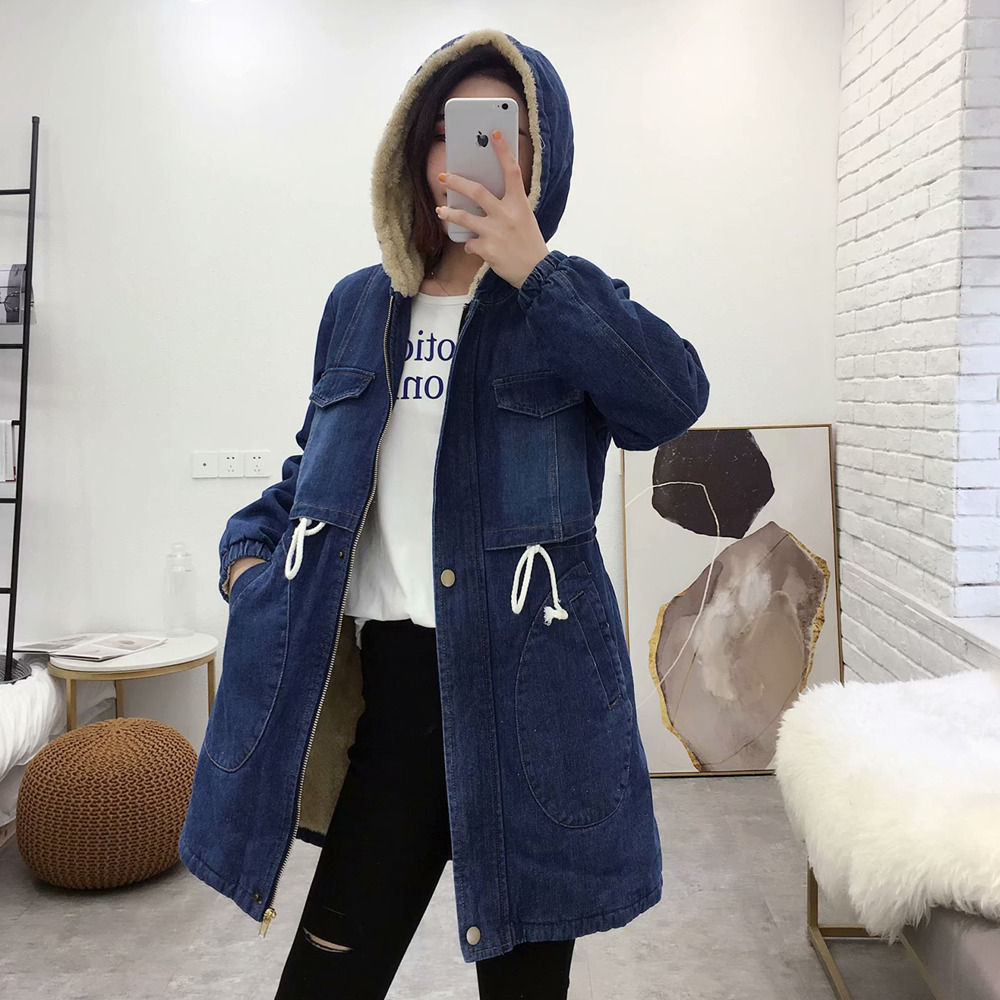 Nouveau aux femmes Jean Veste L'hiver Mode Chaud Épaissir Plus Velours Coton Parkas Manteau Lâche Encapuchonné Longue Hauts Manteau Vêtements d'extérieur Femelle