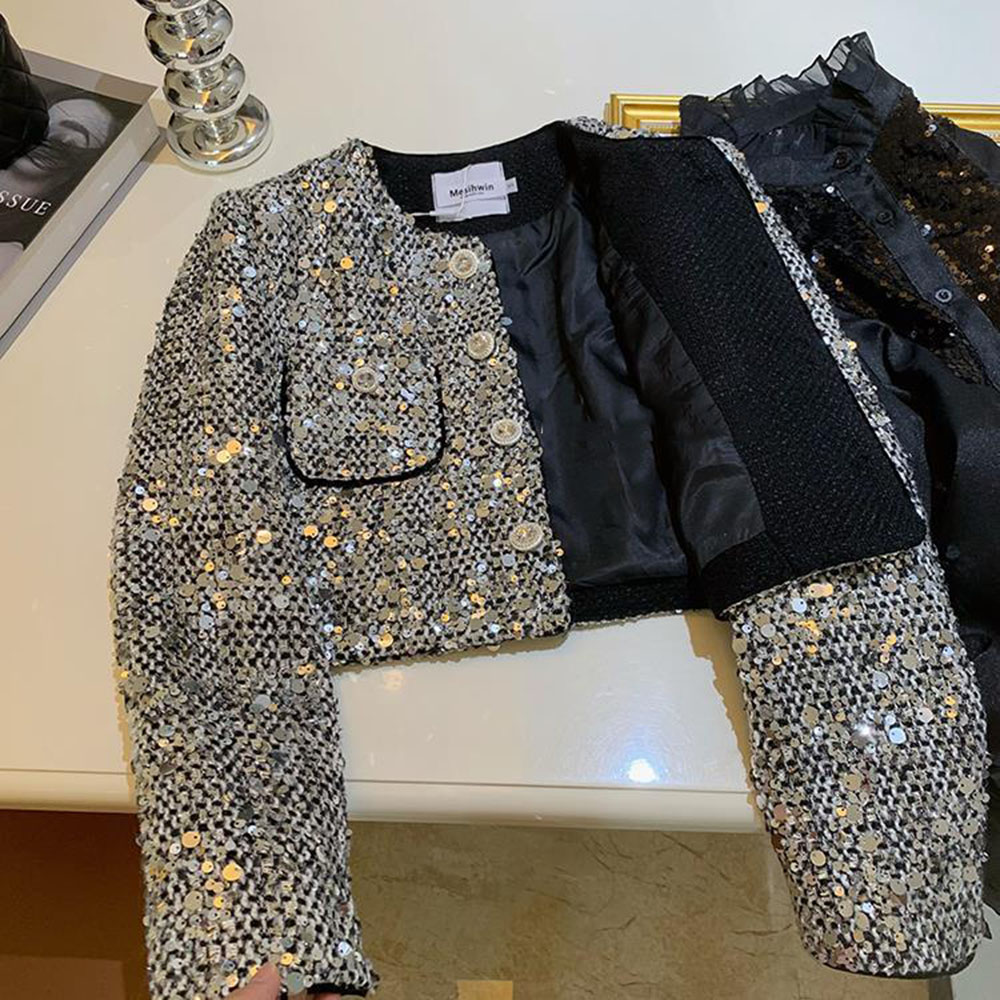 Veste à paillettes vintage pour femmes, vestes courtes argentées, manteau élégant pour dames de bureau, mode coréenne, printemps, chic, 2024