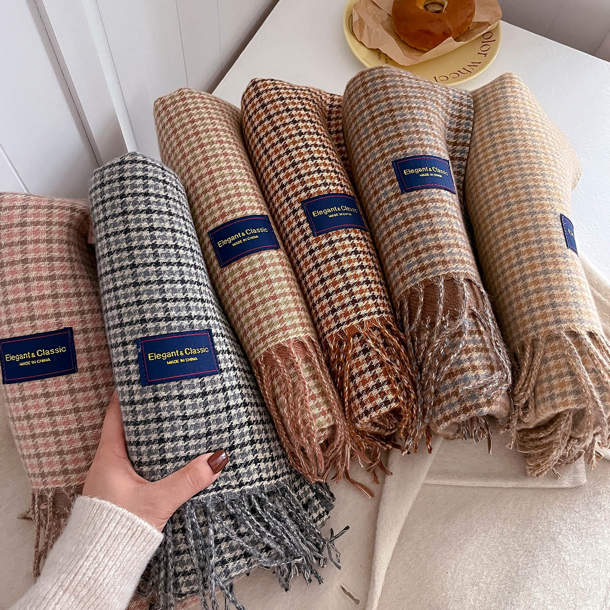 Écharpe chaude longue et épaisse pour femmes, 50x200CM, châle Pashmina à pampilles, fausse cachemire, couverture imprimée pied-de-poule, automne hiver