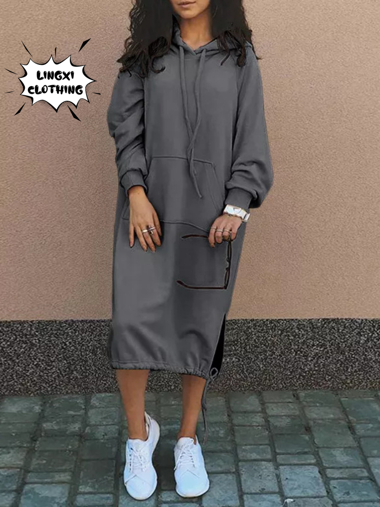 Robe pull à capuche pour femme, grande taille, élégante, avec poches fendues, chaude, longue, mode automne et hiver 2023