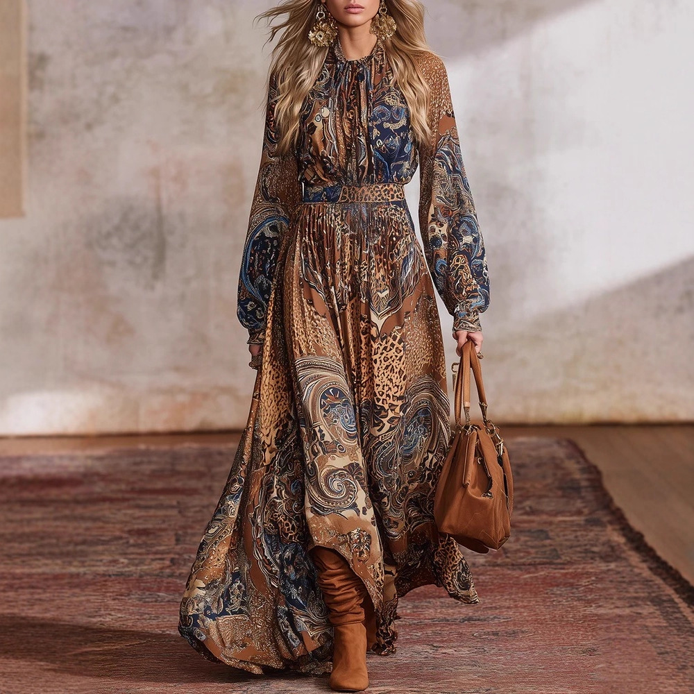 Robe longue imprimée style bohème pour femme, col montant, manches longues bouffantes, taille élastique, ourlet évasé, style vintage, idéale pour les vacances et les soirées