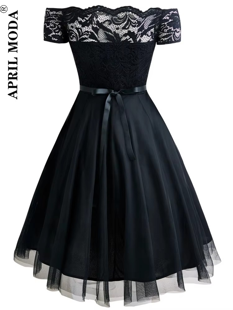 Femmes Vintage robe en dentelle formelle rouge noir vert Slash cou Tulle Midi Jurken Chic rétro gothique années 50 robes trapèze vêtements de fête