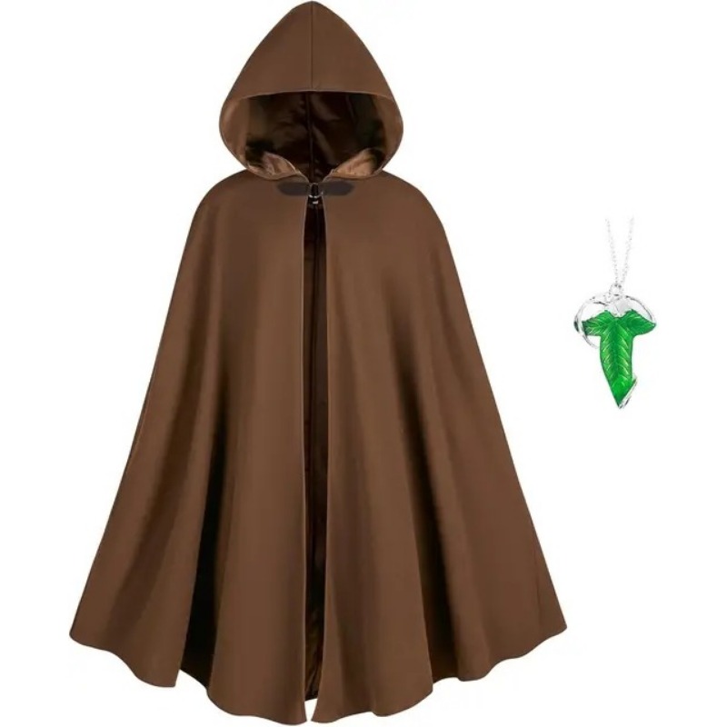 Cape médiévale verte à capuche avec broche feuille et collier, ensemble vintage d'elfe ranger, cape de cosplay Halloween Renaissance pour adulte