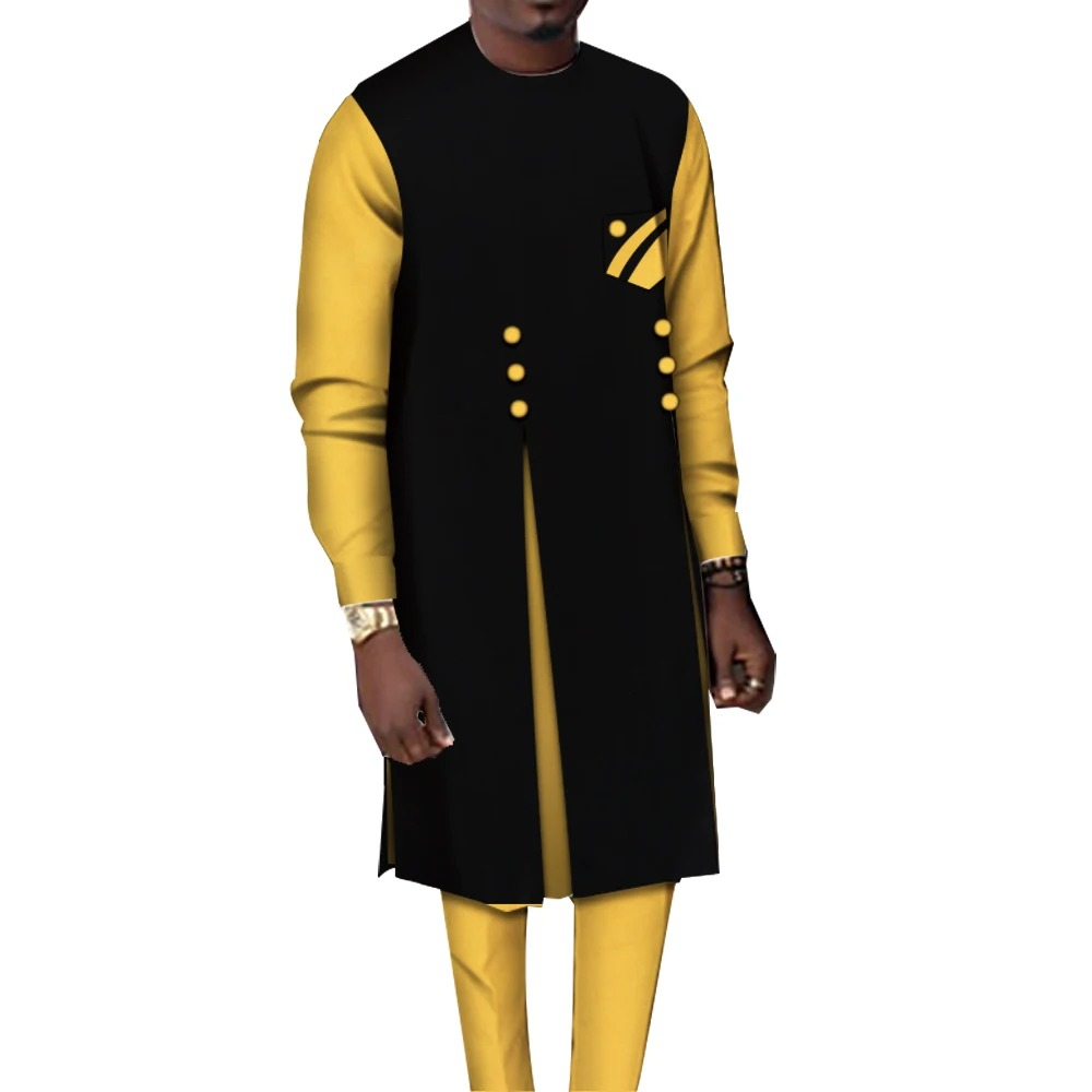 Ensemble 2 pièces en coton pour hommes, vêtements africains décontractés, chemise haute et pantalon, patchwork, WYN1068