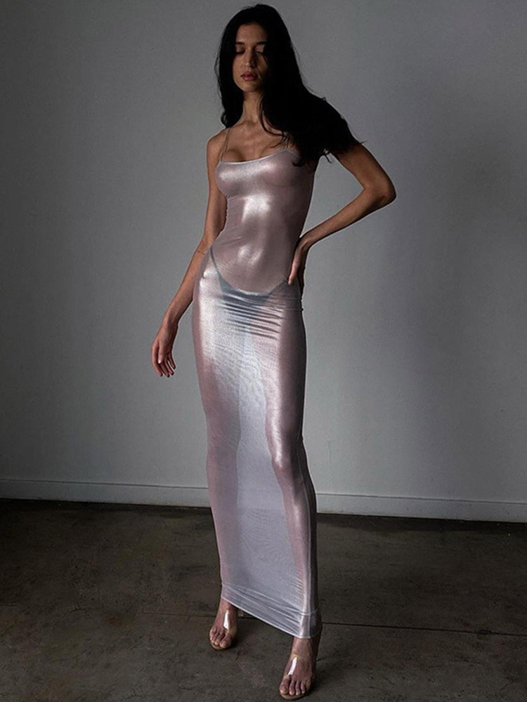 Robe Maxi Transparente pour Femme, Tenue Sexy à Bretelles, Moulante, Superbe Tenue Hipster, Vêtement Féminin
