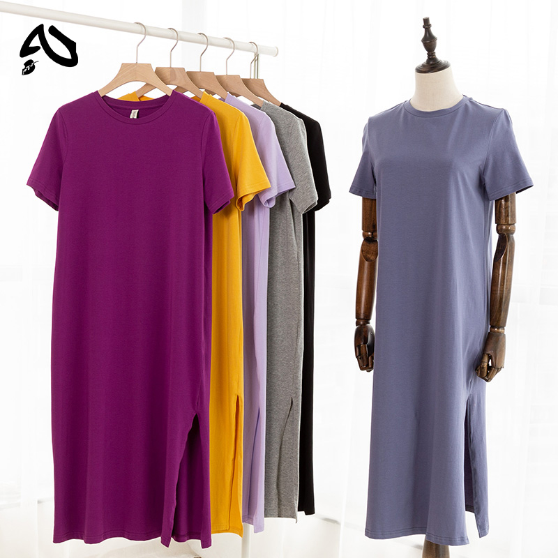 Robe d'été décontractée pour femme en 94 % coton, unie, à manches courtes, fendue, longue, style midi, robe de soleil tendance, vêtement féminin