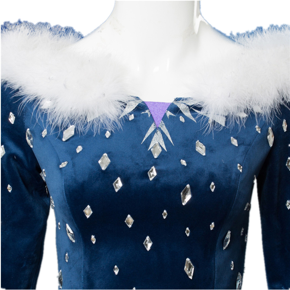Déguisement Elsa Reine des Neiges Costume Adulte La Reine des Neiges : Joyeuses Fêtes Robe en Velours Bleu Foncé avec Cape de Noël pour Femme