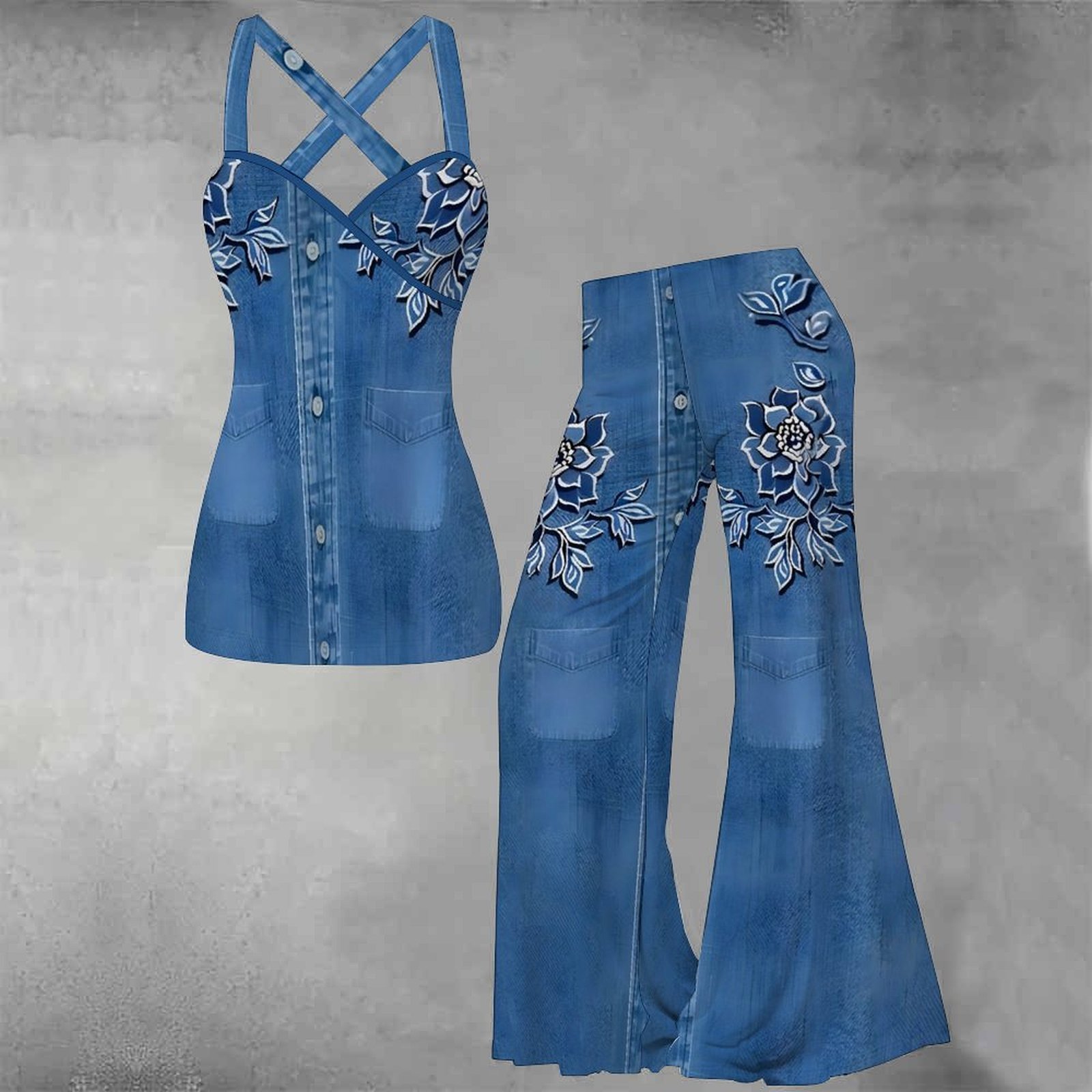 Ensemble élégant pour femme : pantalon évasé, débardeur sexy à col en V sans manches, et gilet imprimé tendance