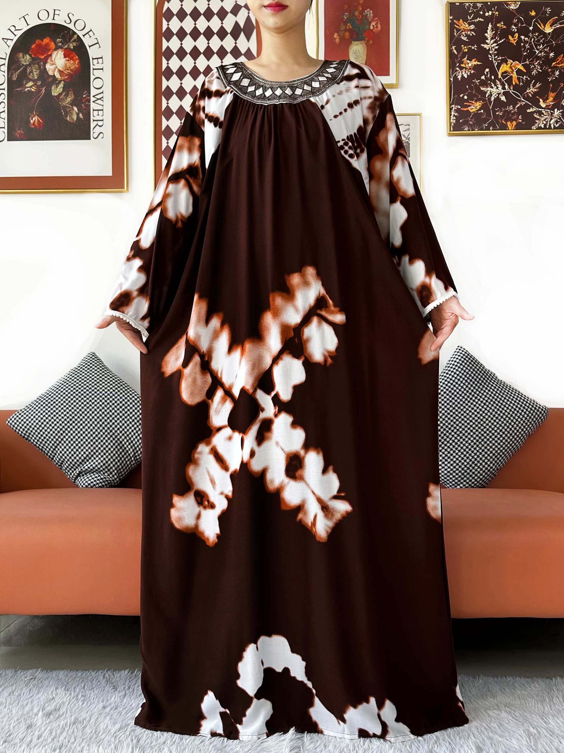 2026 femmes musulmanes à manches longues brodé col rond coton femmes lâche Abaya Boho Maxi robe décontracté robe de mode robes africaines