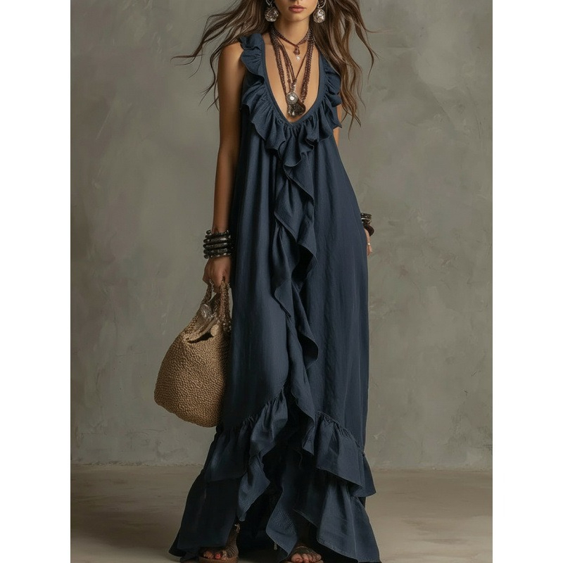 Robe longue bohème à volants, décolleté en V profond, sans manches, à volants en cascade, ample et fluide, longueur ras du sol, pour la plage, les vacances, décontractée, robe longue de plage