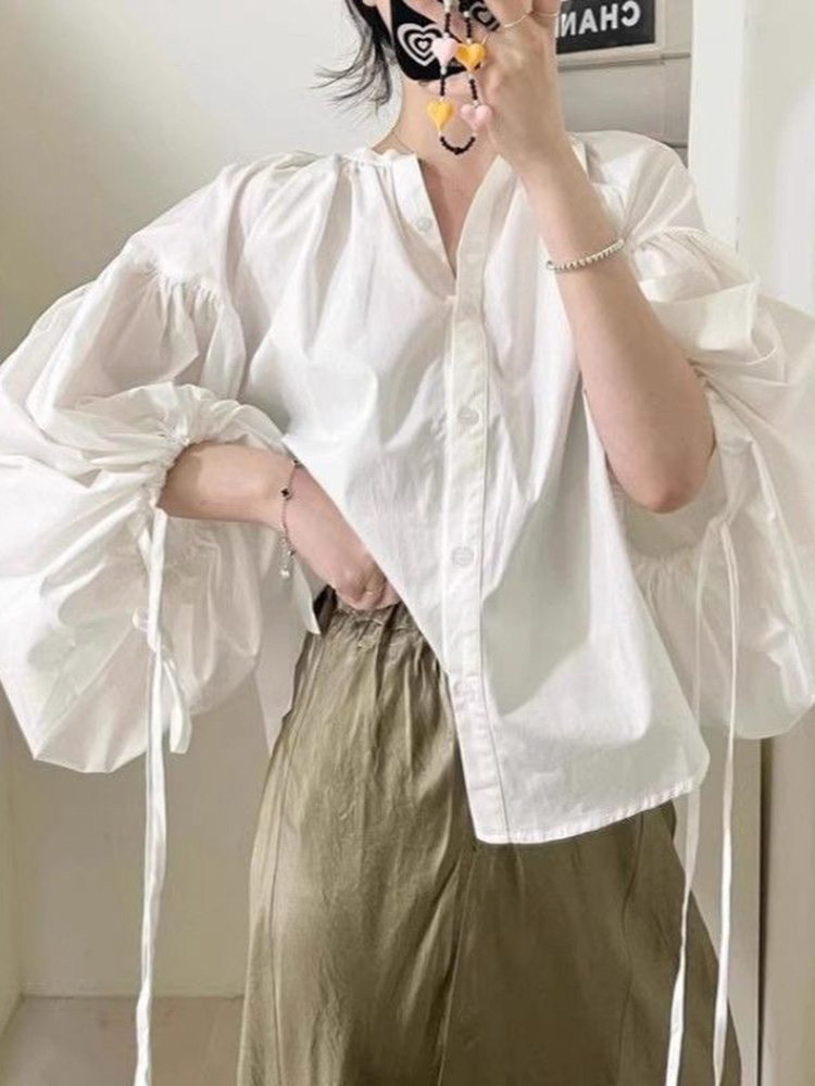 Chemisier Chic et Décontracté pour Femme à Manches Lanterne, Col Rond, Coupe Ample, Style Coréen, avec Lacets, Tendance Printemps